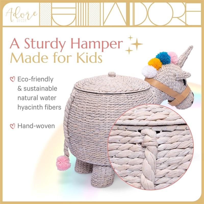 Adore Decor Unicorn Water Hyacinth Laundry Hamper Light Gray