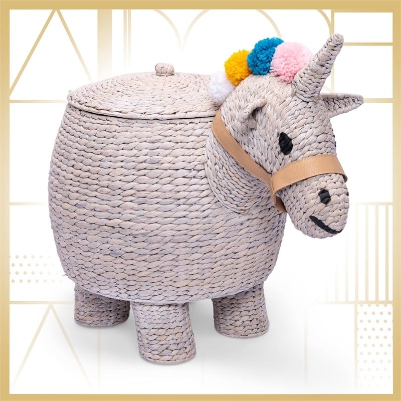 Adore Decor Unicorn Water Hyacinth Laundry Hamper Light Gray
