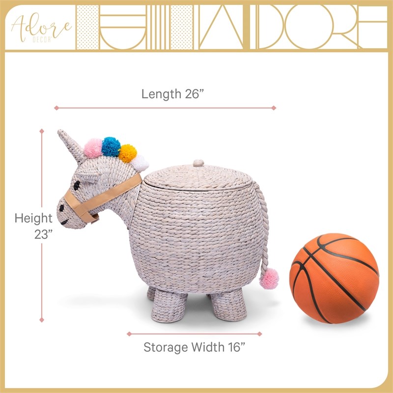 Adore Decor Unicorn Water Hyacinth Laundry Hamper Light Gray