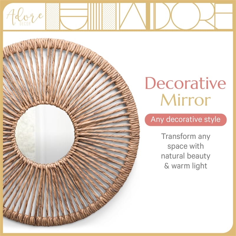 Adore Decor Carrie Round Rattan Style Water Hyacinth Hanging Mirror