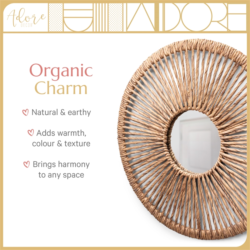 Adore Decor Carrie Round Rattan Style Water Hyacinth Hanging Mirror