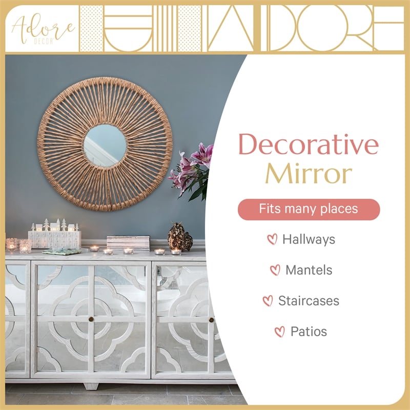Adore Decor Carrie Round Rattan Style Water Hyacinth Hanging Mirror