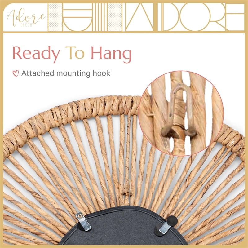 Adore Decor Carrie Round Rattan Style Water Hyacinth Hanging Mirror