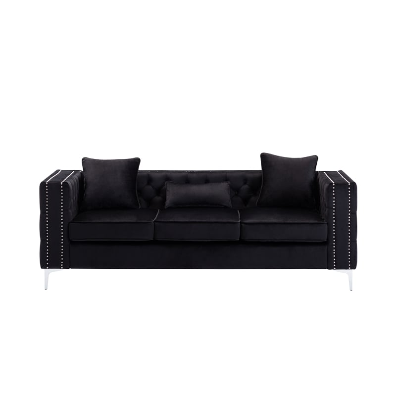 LILOLA Home Lorreto Button Tufted Black Velvet Fabric Glam Sofa