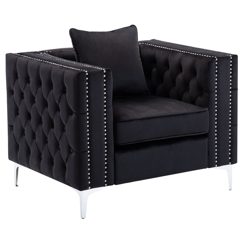LILOLA Lorreto Black Button Tufted Velvet Fabric Glam Chrome Leg Chair