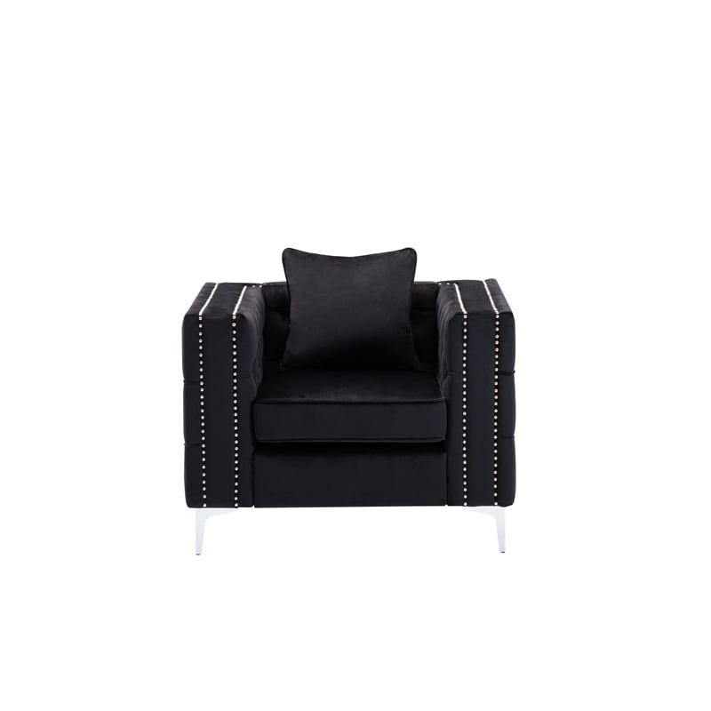 LILOLA Lorreto Black Button Tufted Velvet Fabric Glam Chrome Leg Chair
