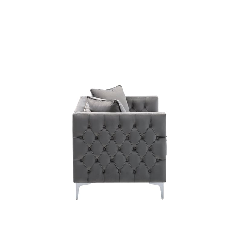 LILOLA Lorreto Gray Button Tufted Velvet Fabric Glam Loveseat