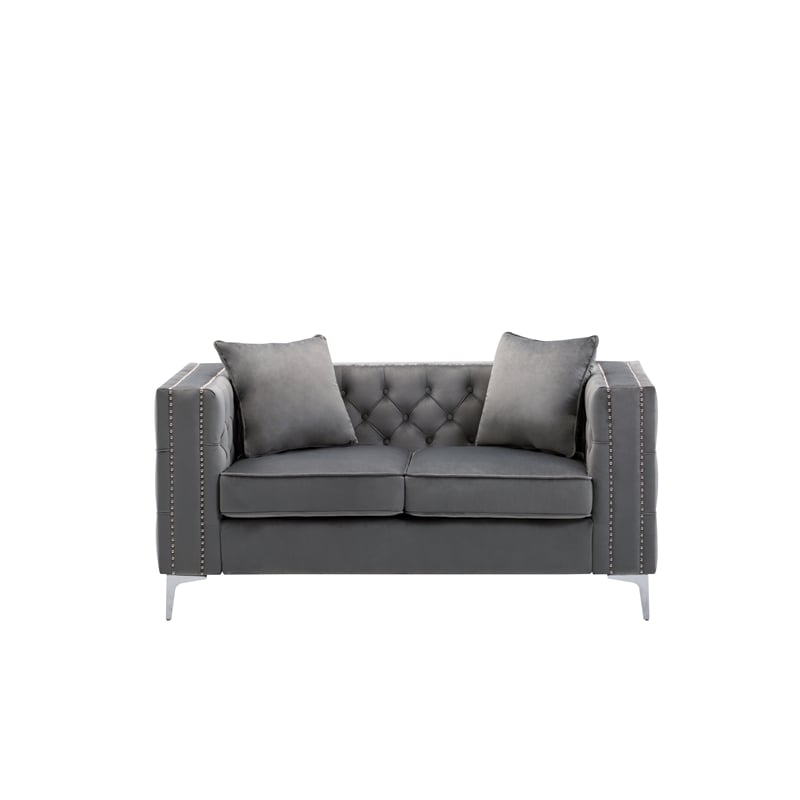 LILOLA Lorreto Gray Button Tufted Velvet Fabric Glam Loveseat