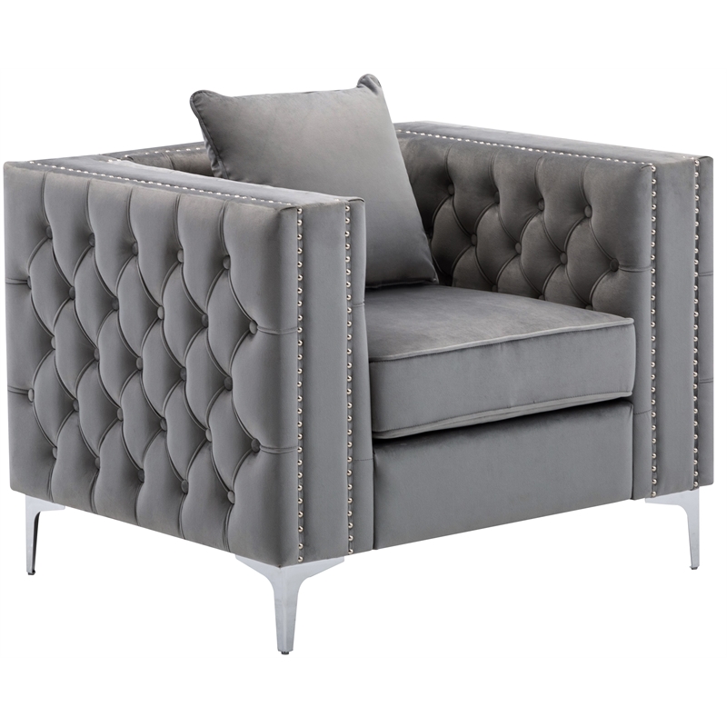 LILOLA Home Lorreto Gray Button Tufted Velvet Fabric Glam Chair
