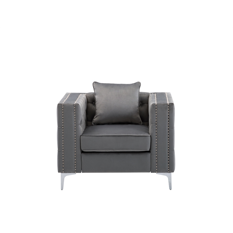 LILOLA Home Lorreto Gray Button Tufted Velvet Fabric Glam Chair