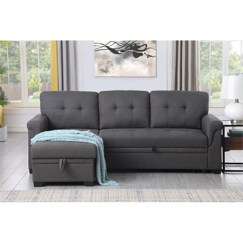 Lucca Gray Linen Fabric Reversible Sleeper Sofa Storage Chaise | Homesquare