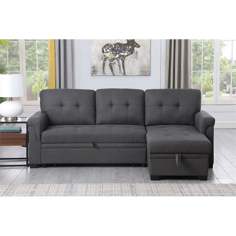 Lucca Gray Linen Fabric Reversible Sleeper Sofa Storage Chaise | Homesquare