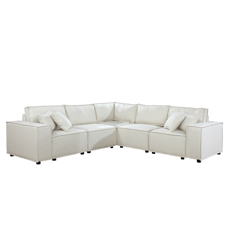 Jenson Beige Linen Fabric Modular Sectional Sofa with 5 Pillows