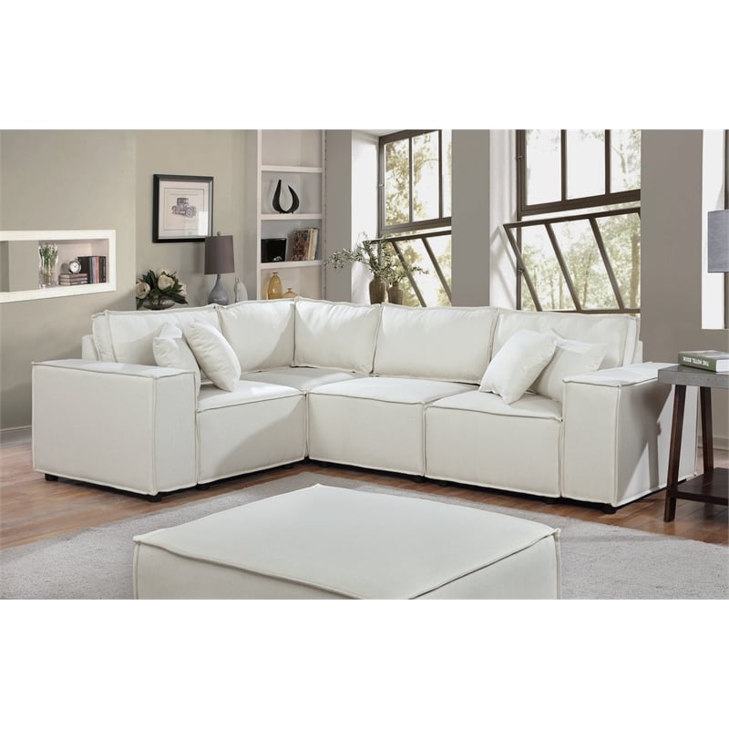 Cream Fabric Modern Reversible Sectional Sofa w/Foot Stool