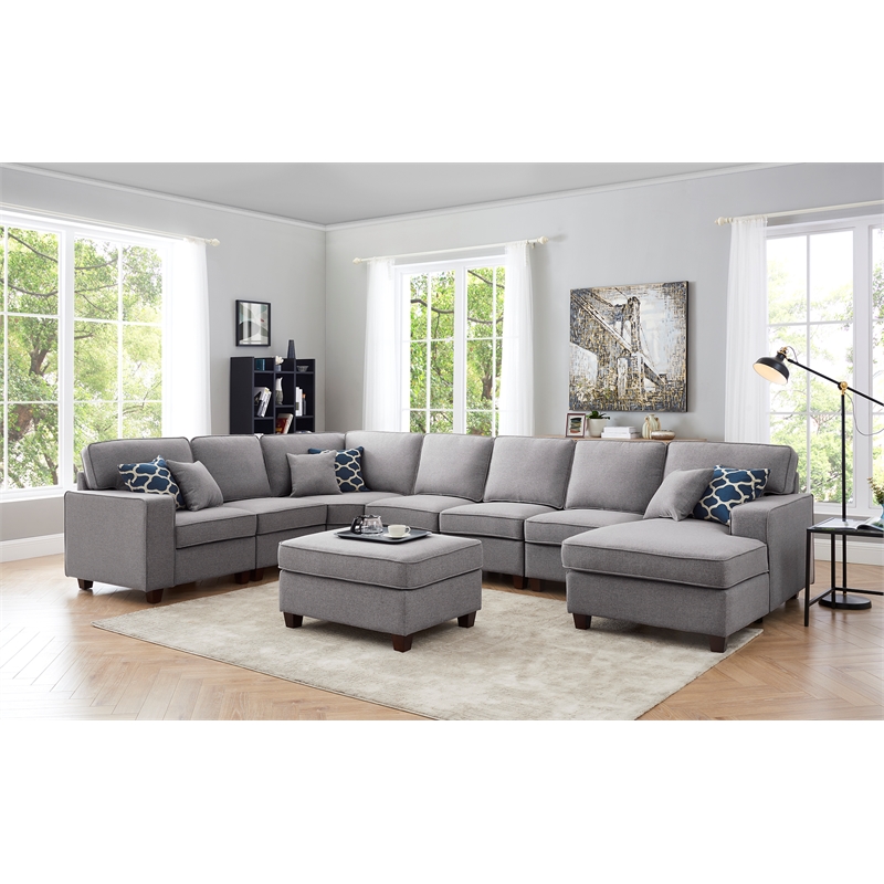 lilola irma fabric 8 piece modular sectional sofa chaise and ottoman light gray