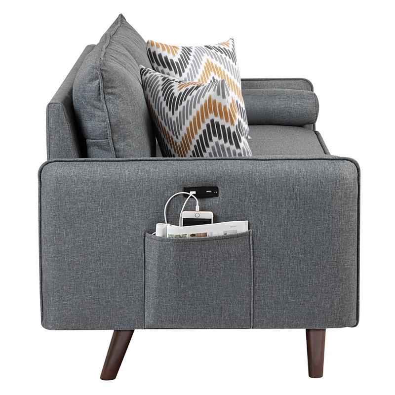 Mia MidCentury Modern Gray Fabric Sofa with USB Charging Ports & Pillows Cymax Business