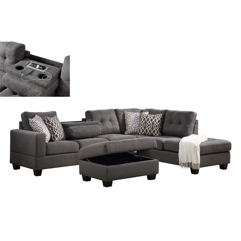 Dark Gray Fabric Reversible Sectional Sofa Usb Charger Dropdown Table Cupholder 87815 - Sectional Sofas With Cup Holders Dark Gray Fabric Reversible Sectional Sofa Usb Charger Dropdown Table Cupholder 87815 - Sectional Sofas With Cup Holders