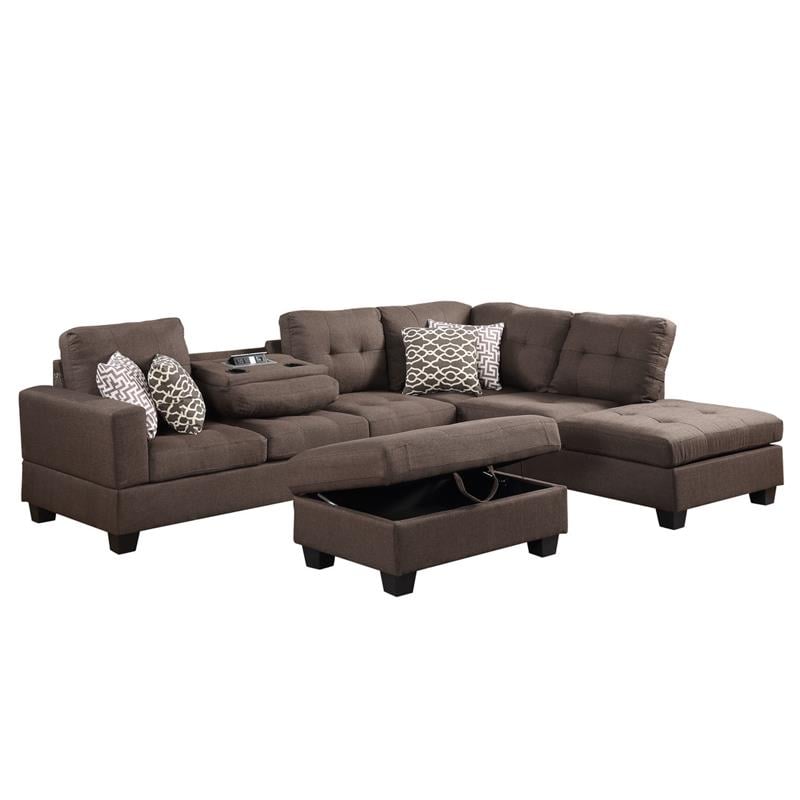 lilola home kourtney fabric sectional with console and storage ottoman in brown