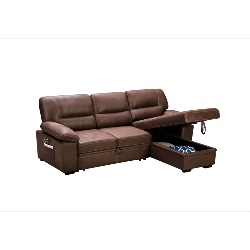 Rosina Brown Fabric Reversible Sleeper Sectional Sofa & Chaise with USB Charger 89110
