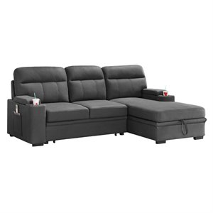 kaden gray fabric sleeper sectional sofa chaise with storage and cupholder