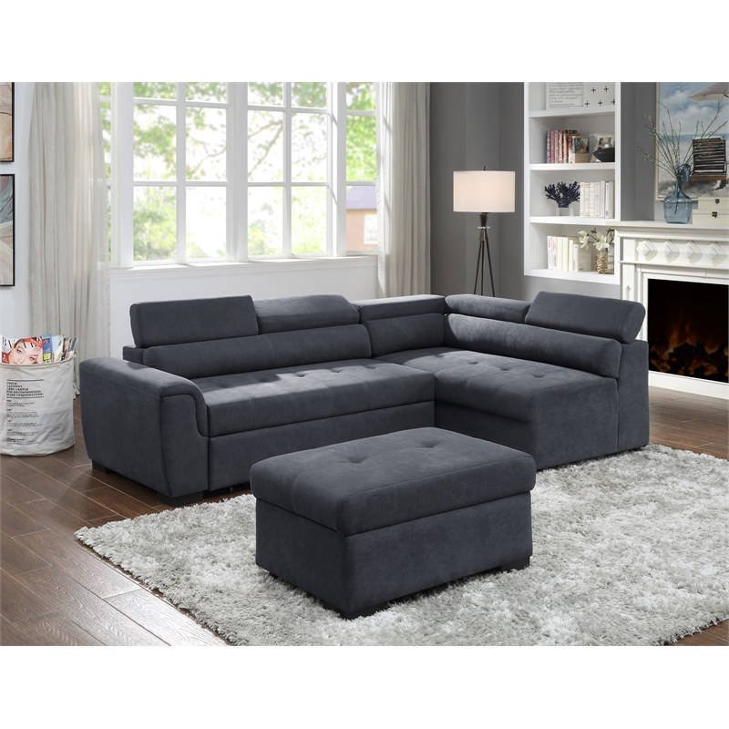 Haris Gray Fabric Sleeper Sofa Sectional Couch and Storage Ottoman