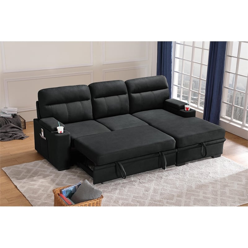 Kaden Black Fabric Sleeper Sectional, Black Sectional Sleeper Sofa With Storage