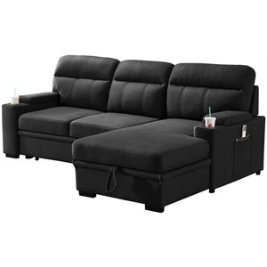 kaden black fabric sleeper sectional sofa chaise with storage and cupholder