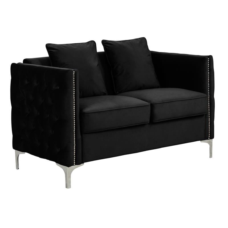 Bayberry Black Velvet Fabric Loveseat Couch with 2 Pillows