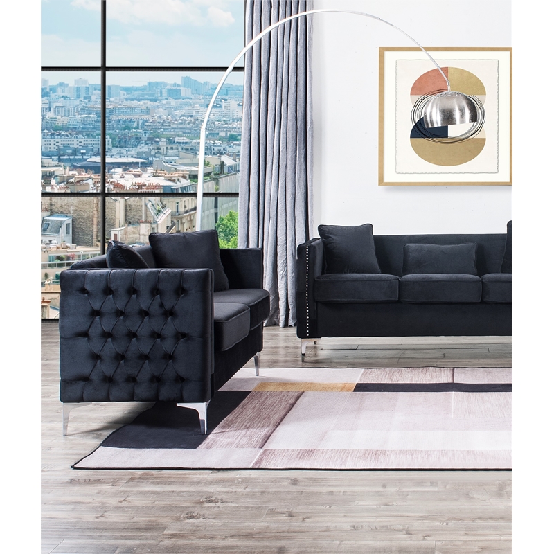 Bayberry Black Velvet Fabric Loveseat Couch with 2 Pillows
