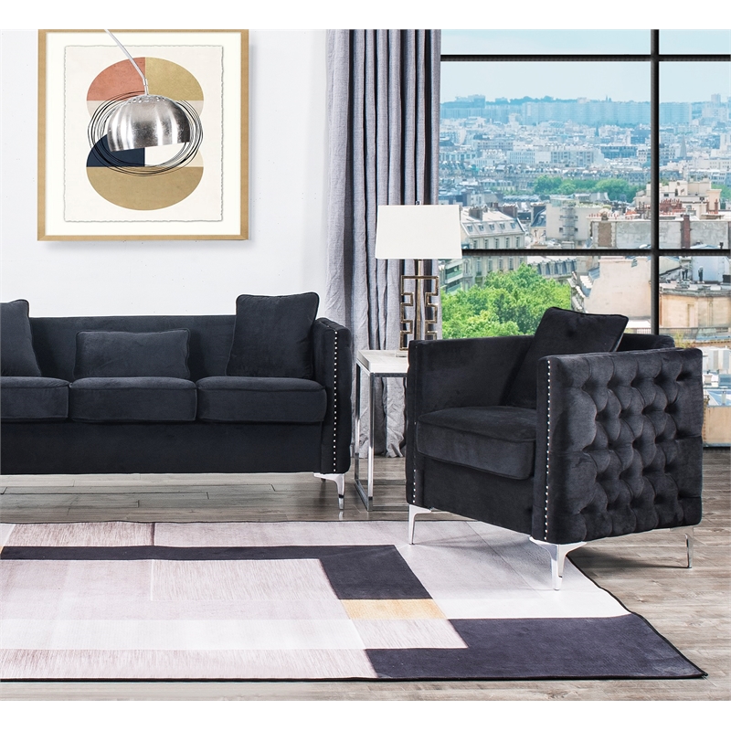 Lilola Home Bayberry Black Velvet Fabric Glam Chair with Pillow