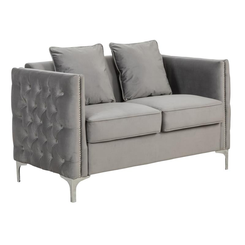 Bayberry Contemporary Gray Velvet Fabric Loveseat Couch with 2 Pillows