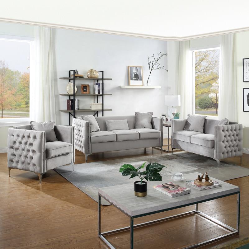 Bayberry Contemporary Gray Velvet Fabric Loveseat Couch with 2 Pillows