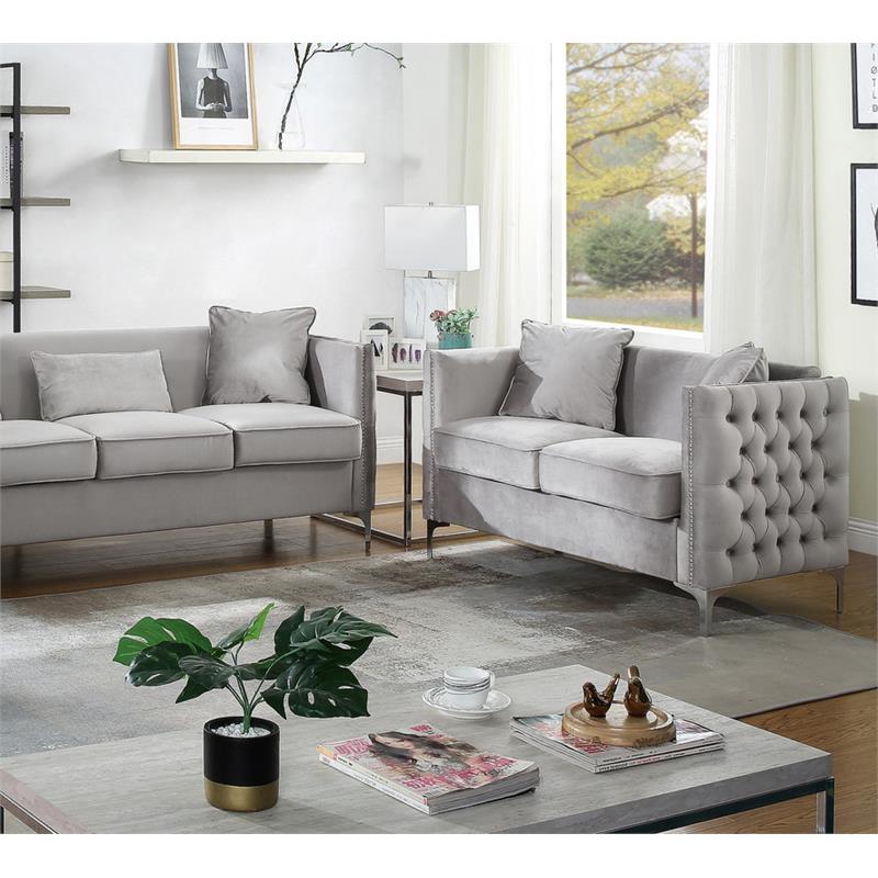 Bayberry Contemporary Gray Velvet Fabric Loveseat Couch with 2 Pillows