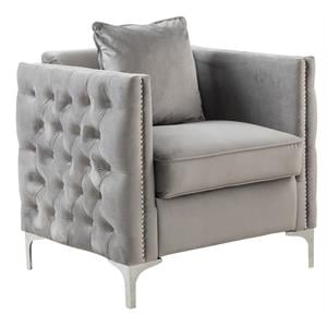 Lilola Bayberry Gray Velvet Fabric Accent Glam Arm Chair with Pillow