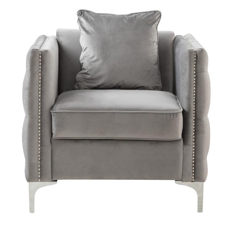Lilola Bayberry Gray Velvet Fabric Accent Glam Arm Chair with Pillow