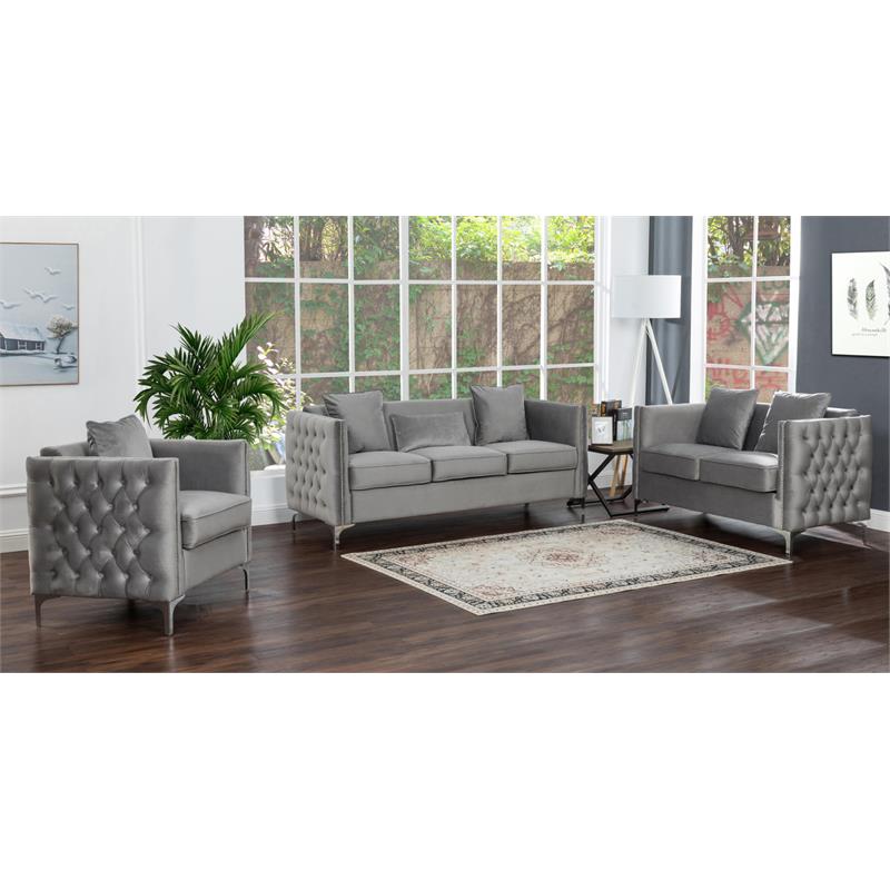 Lilola Bayberry Gray Velvet Fabric Accent Glam Arm Chair with Pillow