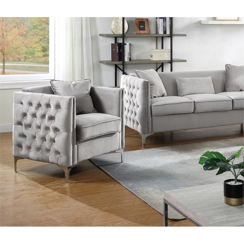 Lilola Bayberry Gray Velvet Fabric Accent Glam Arm Chair with Pillow