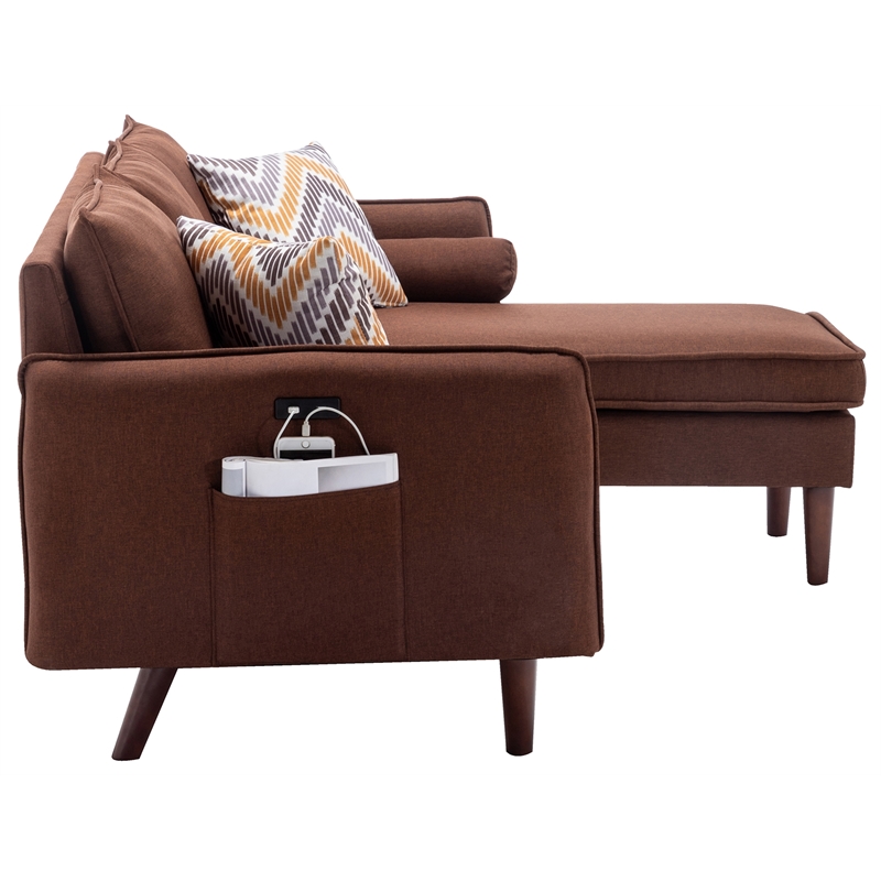 Mia Linen Fabric Sectional Sofa Chaise with USB Charger & Pillows in Brown
