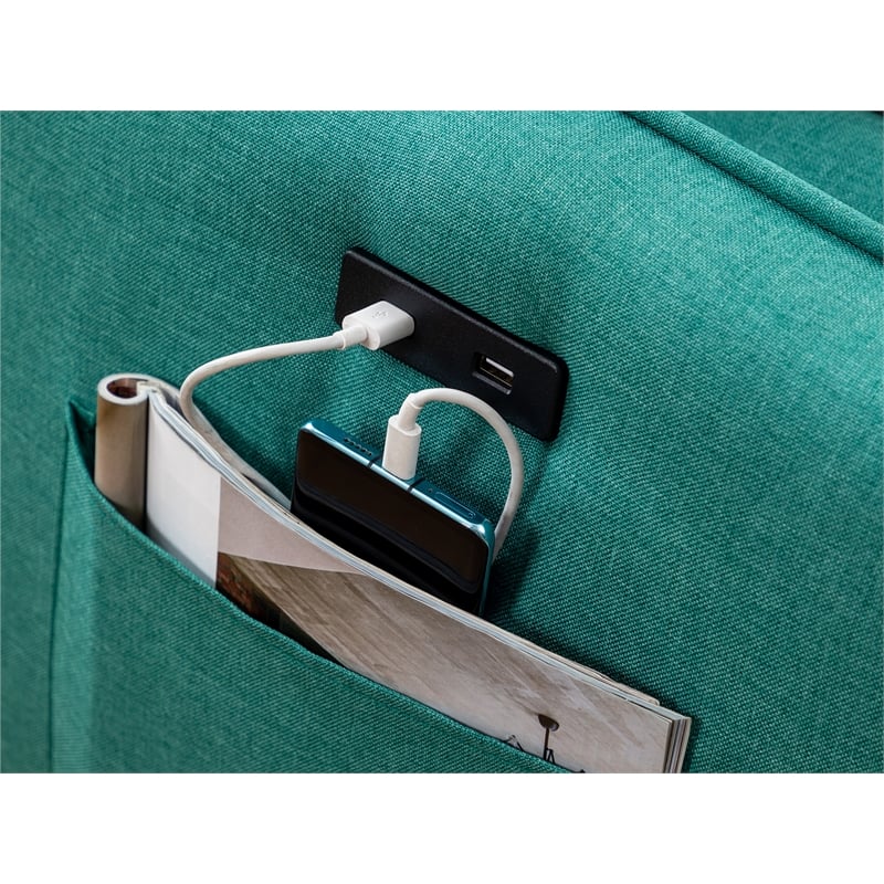 Mia Linen Fabric Sectional Sofa Chaise with USB Charger & Pillows in Green