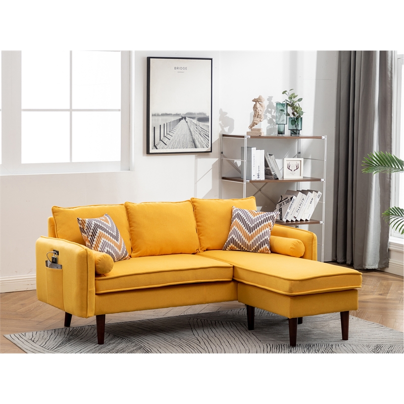 Mia Linen Fabric Sectional Sofa Chaise with USB Charger & Pillows in Yellow