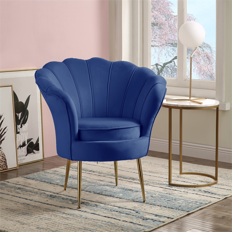 Angelina Velvet Scalloped Back Accent Chair with Metal Legs in Blue