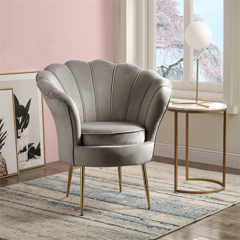 Angelina Velvet Scalloped Back Accent Chair with Metal Legs in Gray