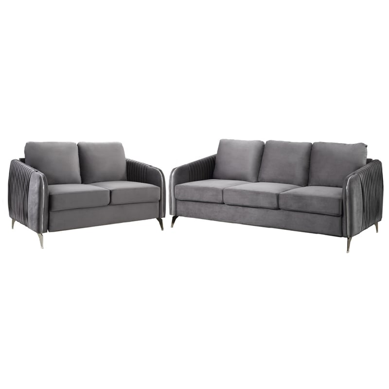 Hathaway Gray Velvet Fabric Sofa Loveseat Living Room Set