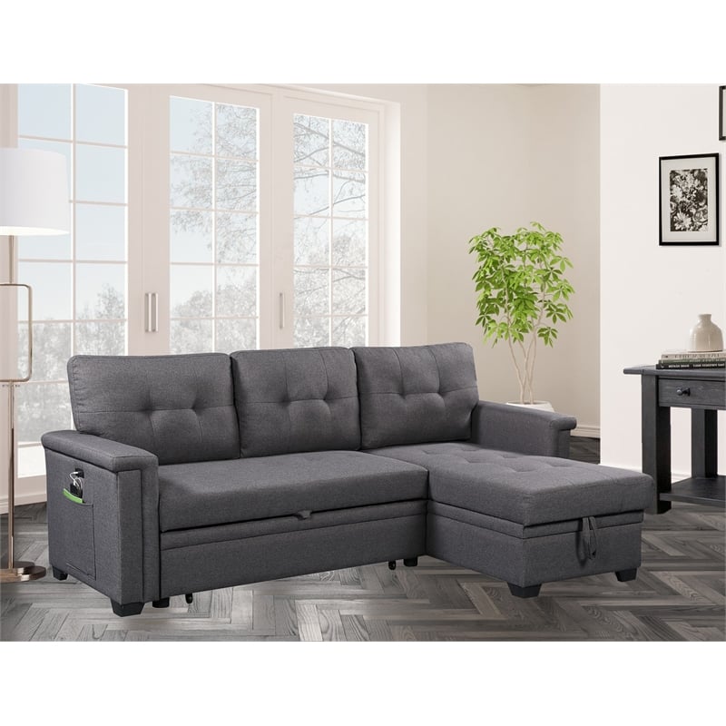 Nathan Gray Fabric Reversible Sectional Storage Chaise USB Charging Ports