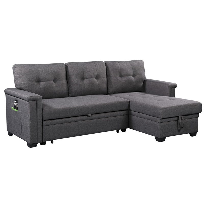 Nathan Gray Fabric Reversible Sectional Storage Chaise USB Charging Ports