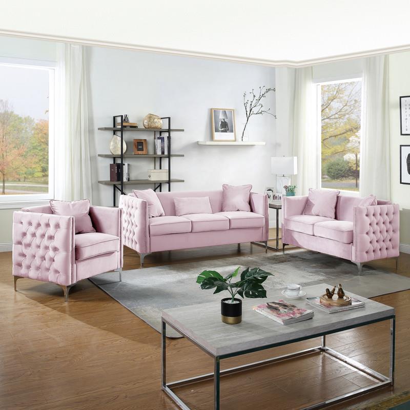 Bayberry Pink Velvet Loveseat with 2 Pillows