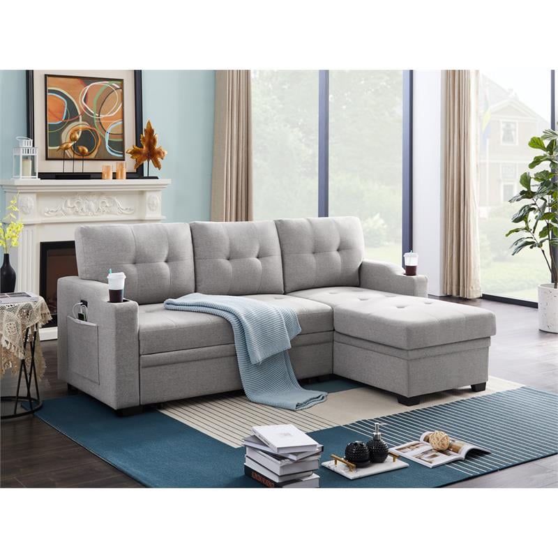 Mabel Linen Fabric Sleeper Sectional with cupholder USB port pocket Light Gray
