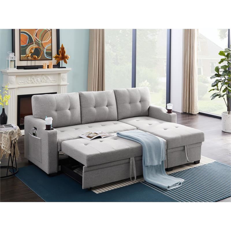 Mabel Linen Fabric Sleeper Sectional with cupholder USB port pocket Light Gray