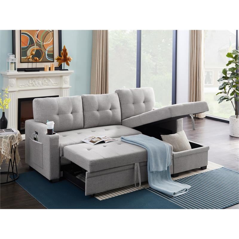 Mabel Linen Fabric Sleeper Sectional with cupholder USB port pocket Light Gray