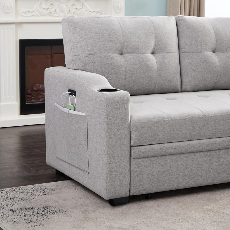 Mabel Linen Fabric Sleeper Sectional with cupholder USB port pocket Light Gray